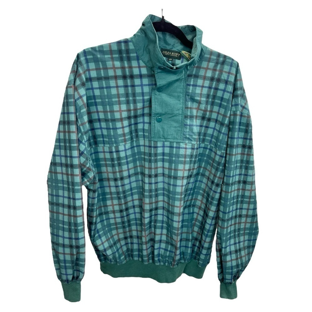 Vintage Lyle & Scott teal green plaid 1/4 zip pull over jacket L